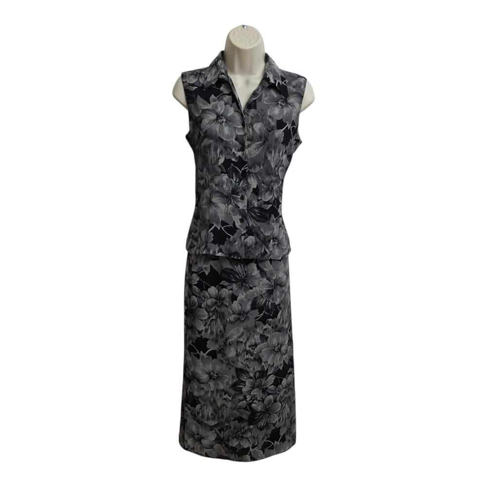 Laura Scott Petite 2 Pc Floral Sleeveless Top + Skirt Set Career Office Gray 6P - Picture 2 of 11